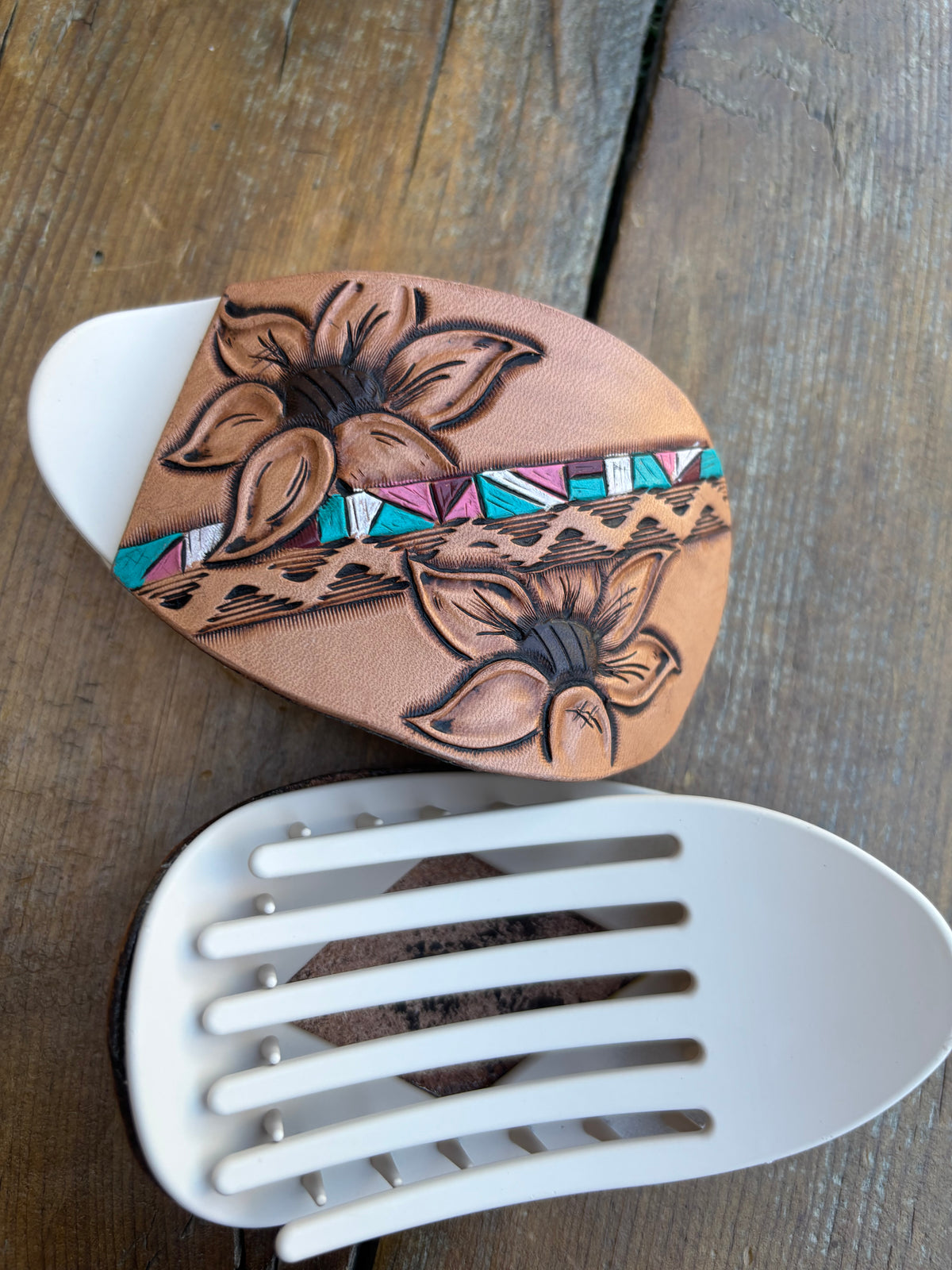 Oval claw clip pink & turquoise strip