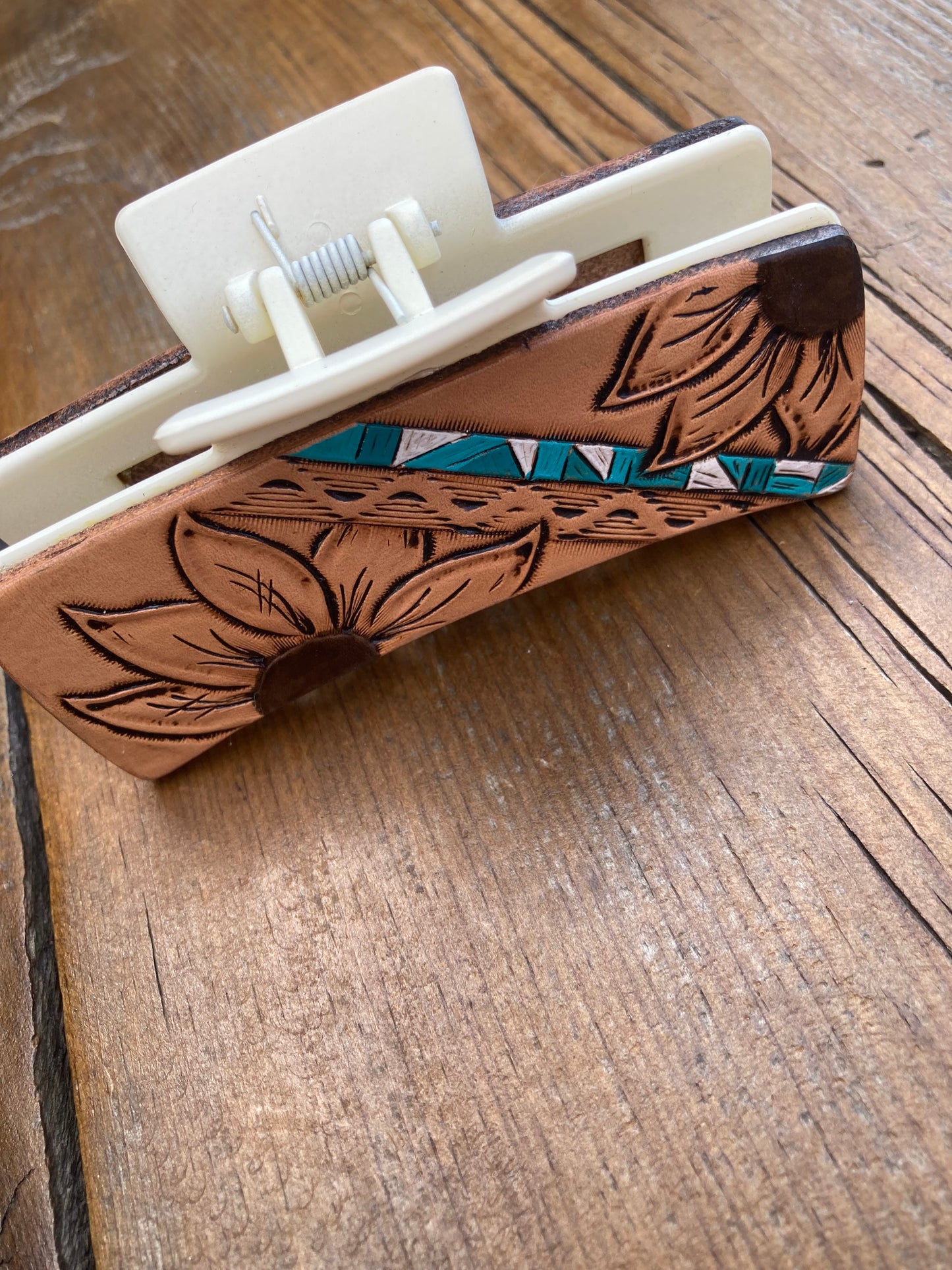 4” Hair clip/Claw clip sunflowers turquoise and white stripe