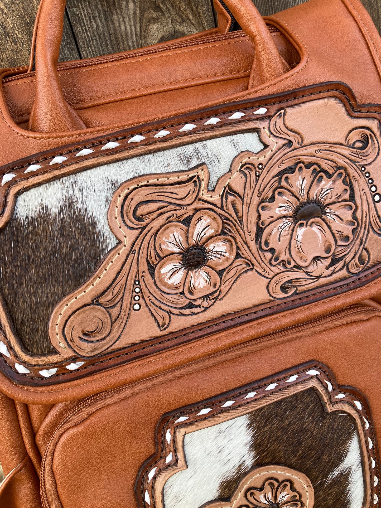 Diaper bag with floral tooling & cowhide patches -brown
