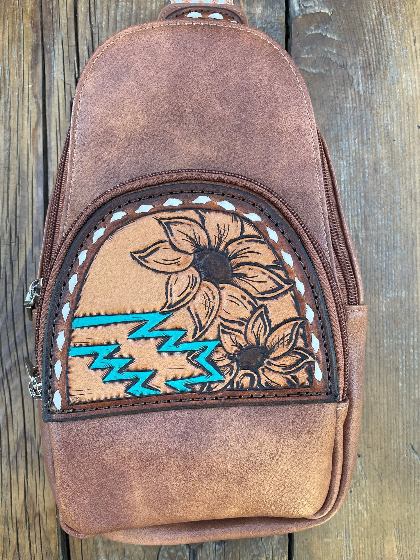 Sling crossbody bag - brown sunflower and aztec