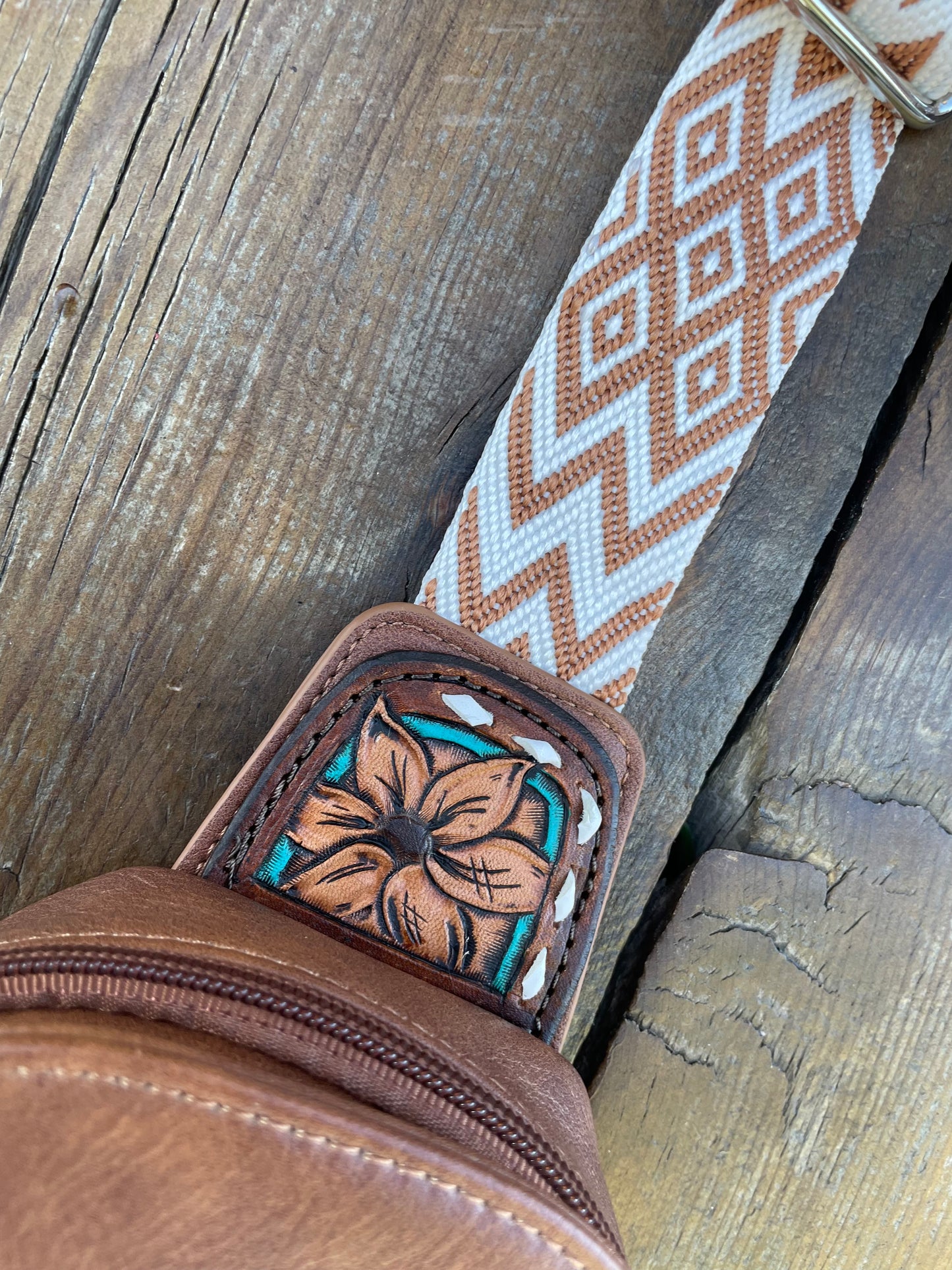 Sling crossbody bag - brown sunflower and aztec