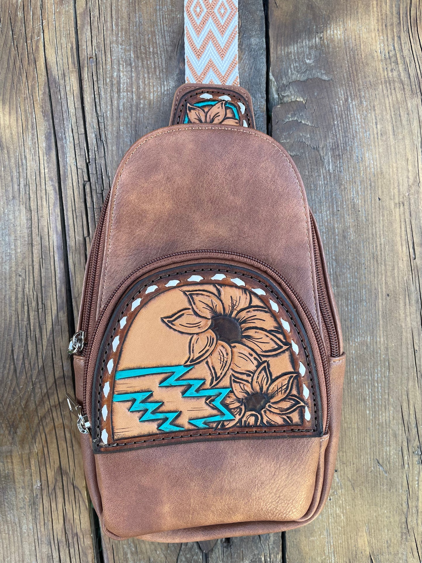 Sling crossbody bag - brown sunflower and aztec