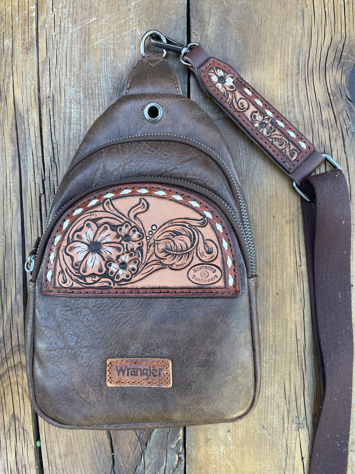 Sling crossbody bag - black Aztec and sunflowers