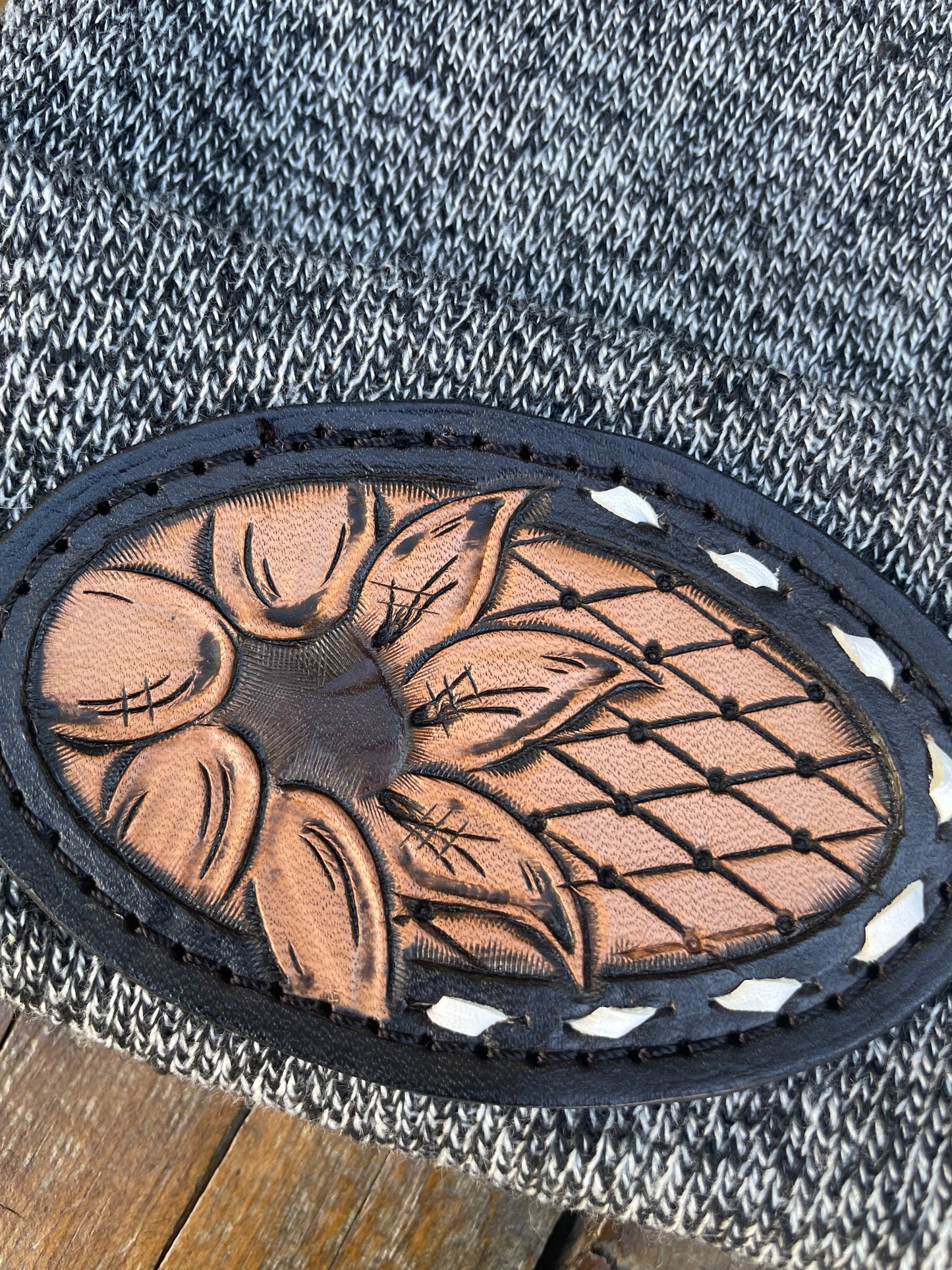 Gray beanie with sunflower leather patch