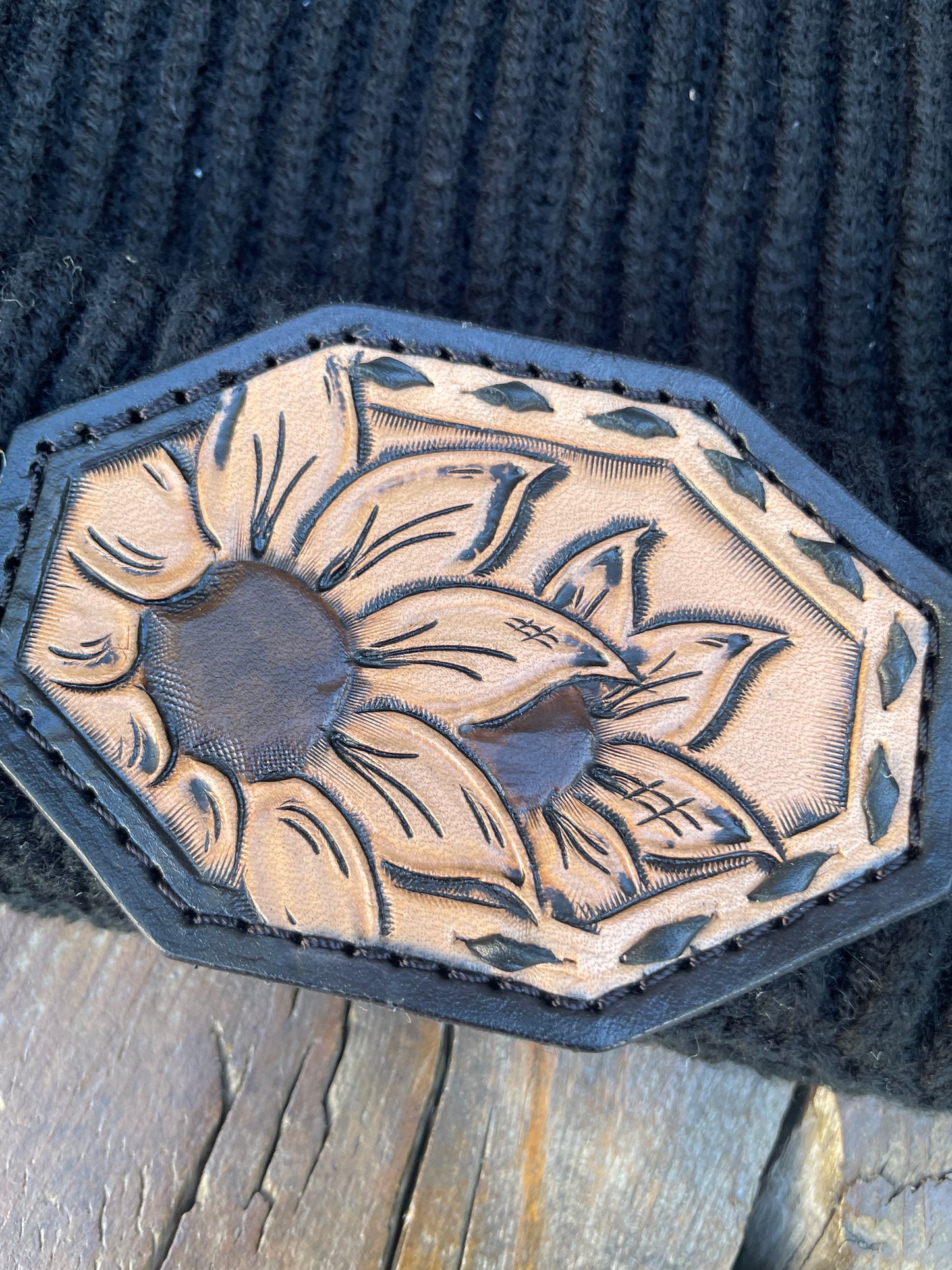 Beanie black with sunflower and black buck stitch