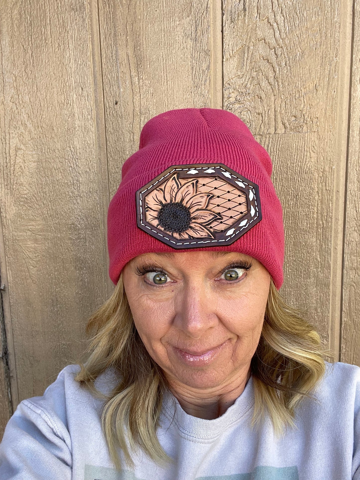 Hot Pink beanie with sunflower leather patch