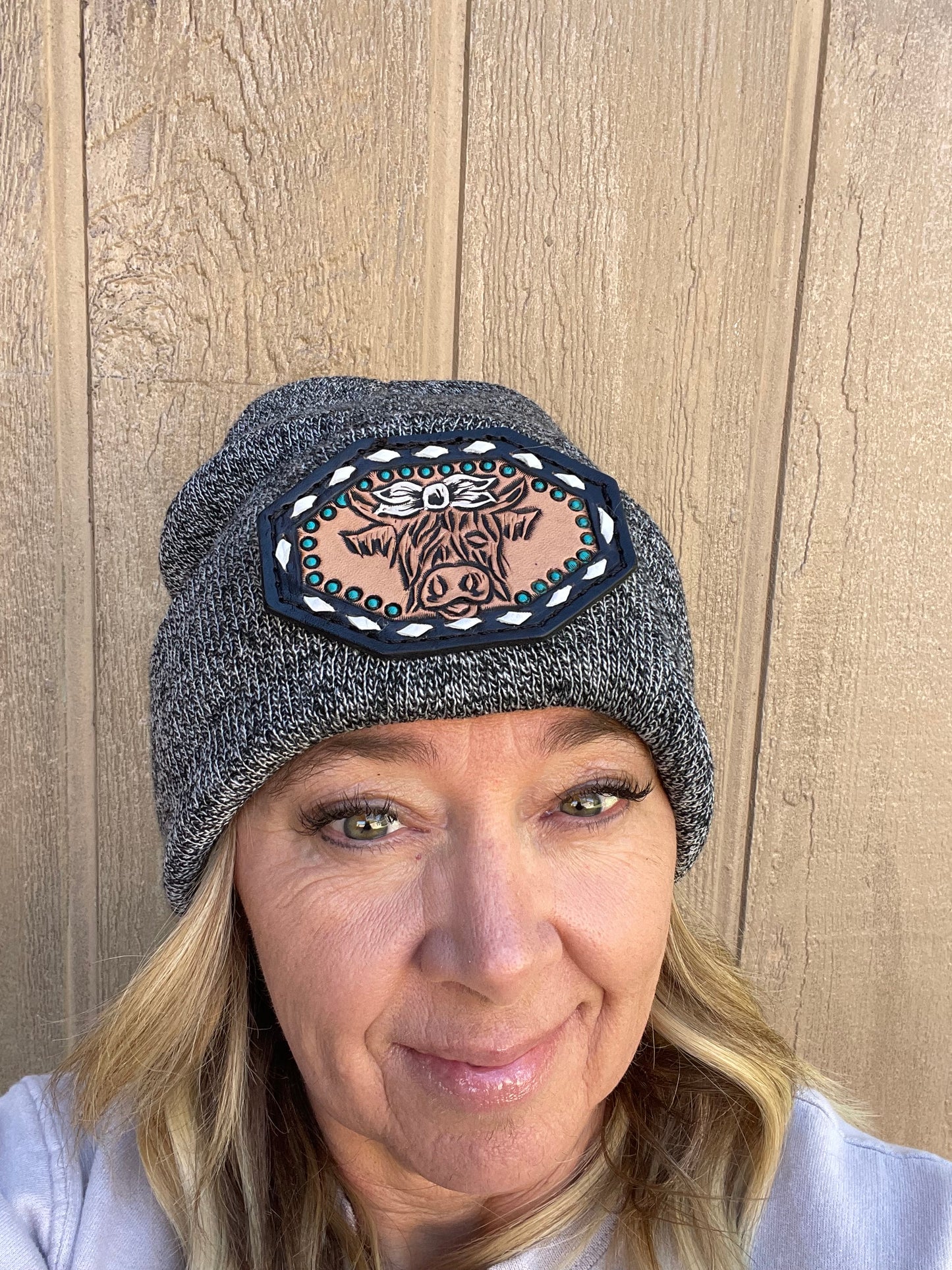 Beanie gray variegated with highlander and turquoise dots