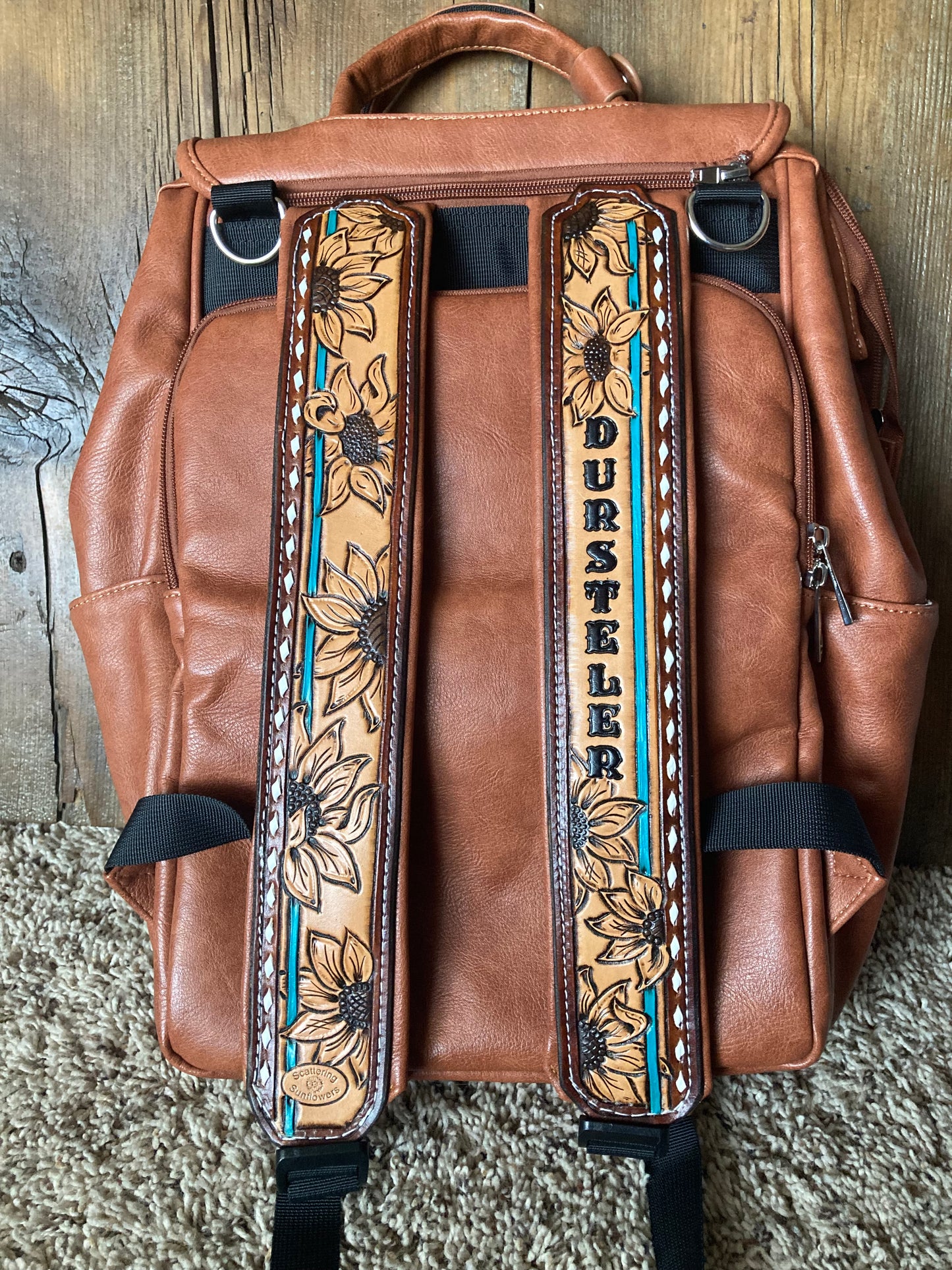 Diaper bag with floral tooling & cowhide patch