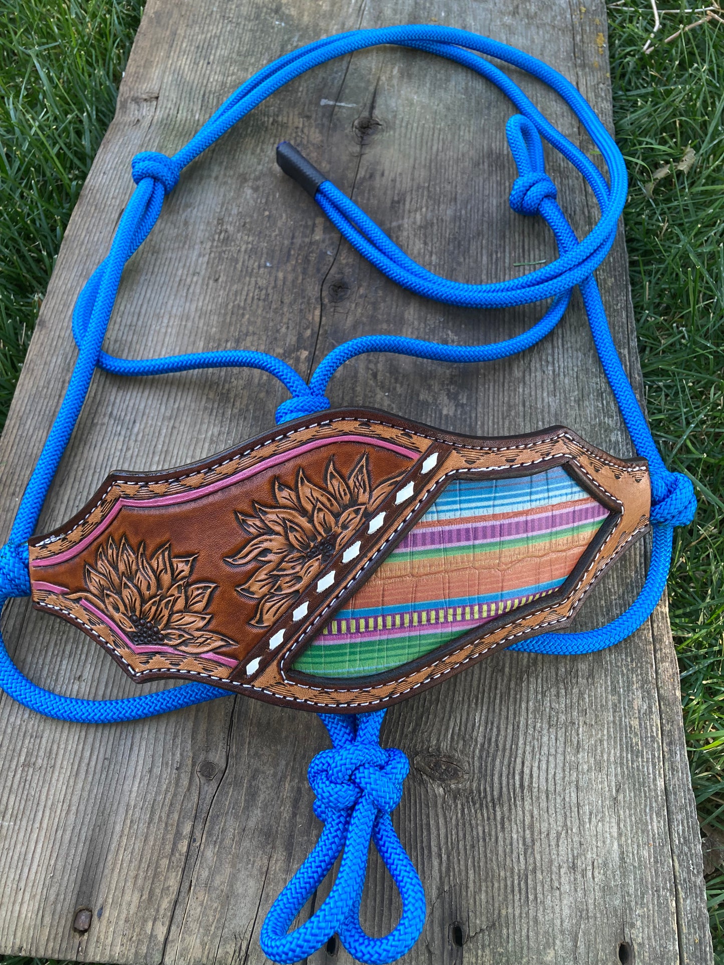 Blue rope halter with serape inlay and sunflowers