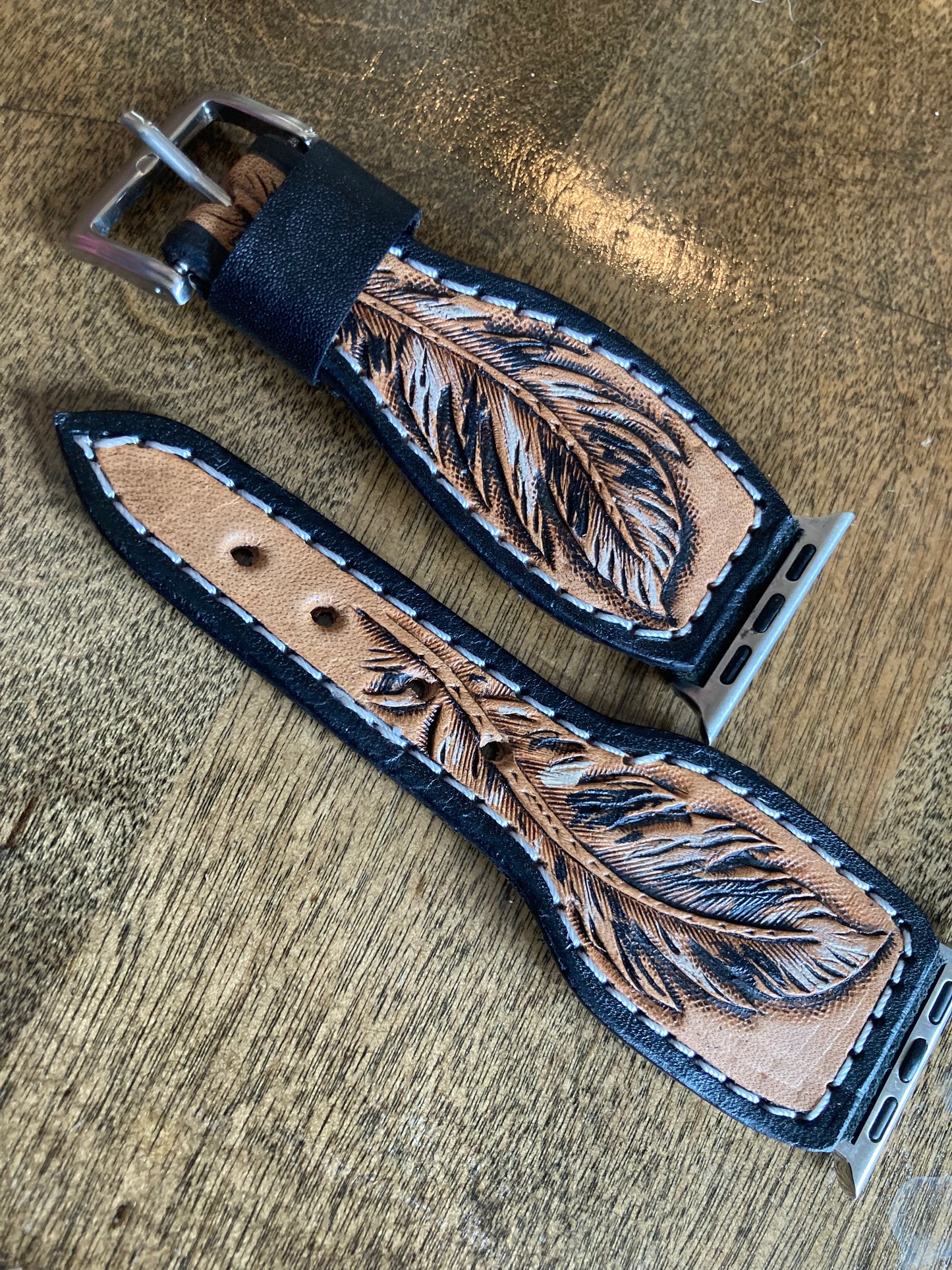 Apple Watch Band - Black Feather tooled leather