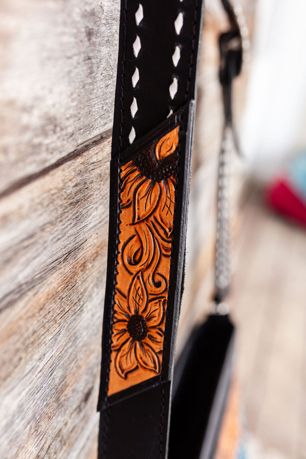 Purse with turquoise/black inlay, black & white fringe & floral leather patch