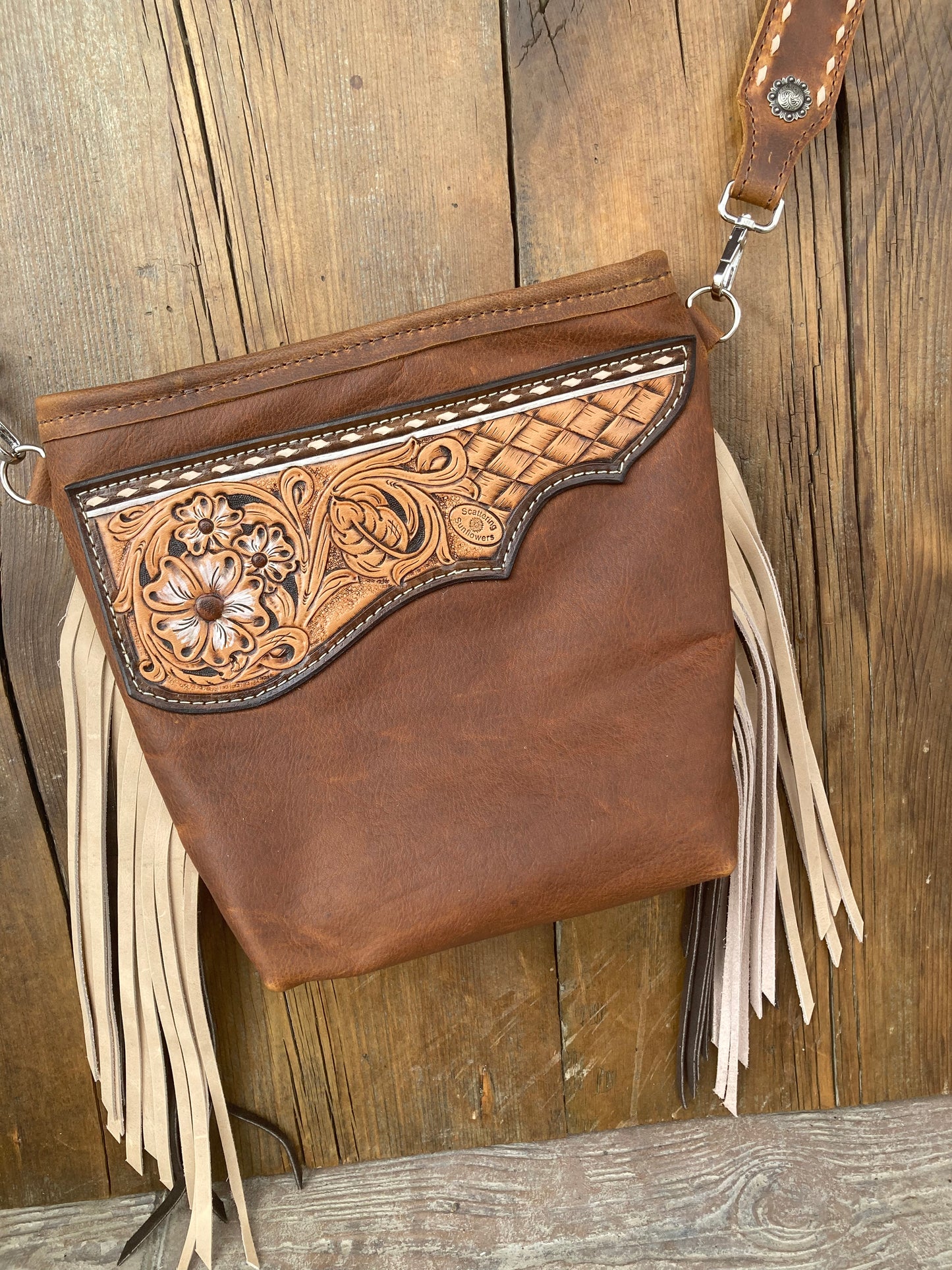 Purse brown with cream & brown fringe and floral tooled patch