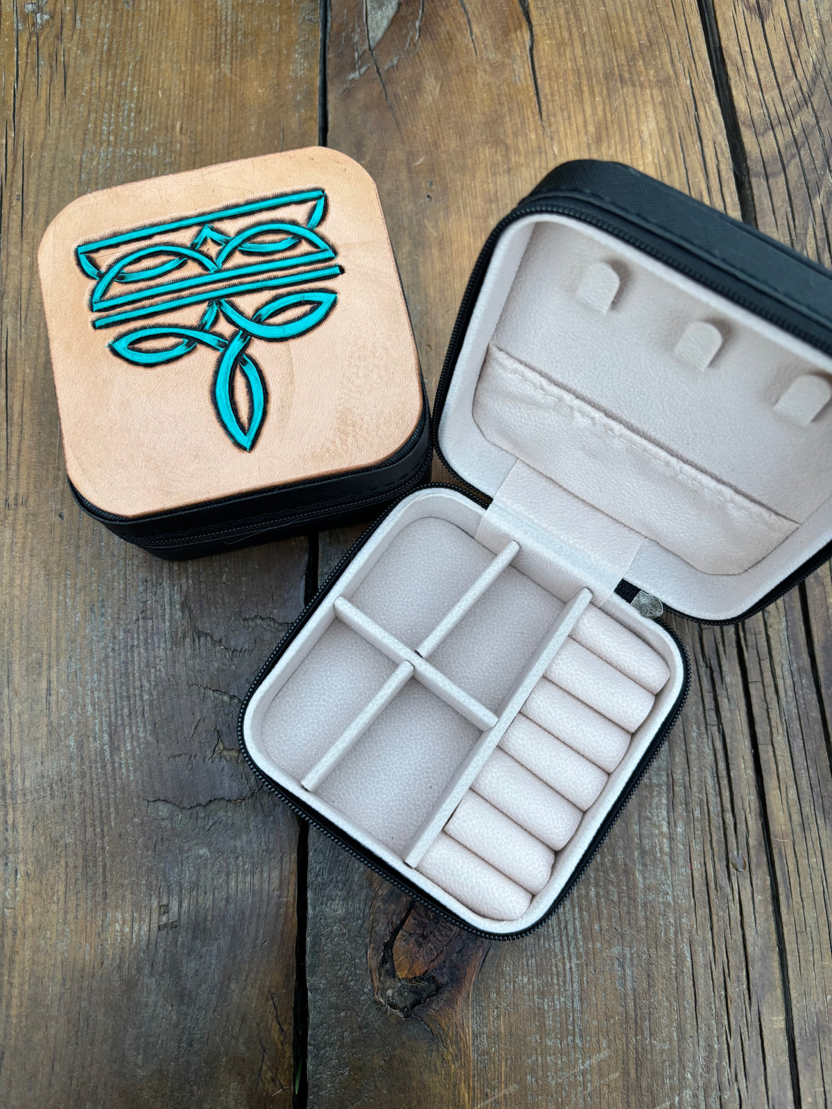 Mini Travel Jewelry turquoise Box boot stitch