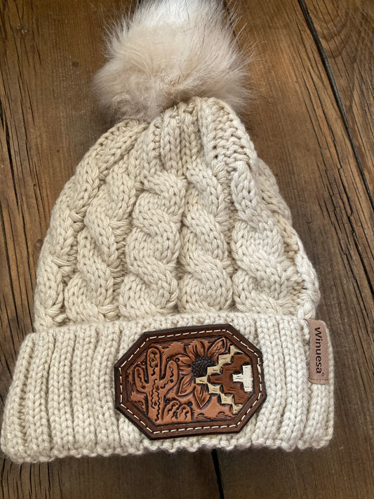 Beanie beige with cactus and sunflower leather patch