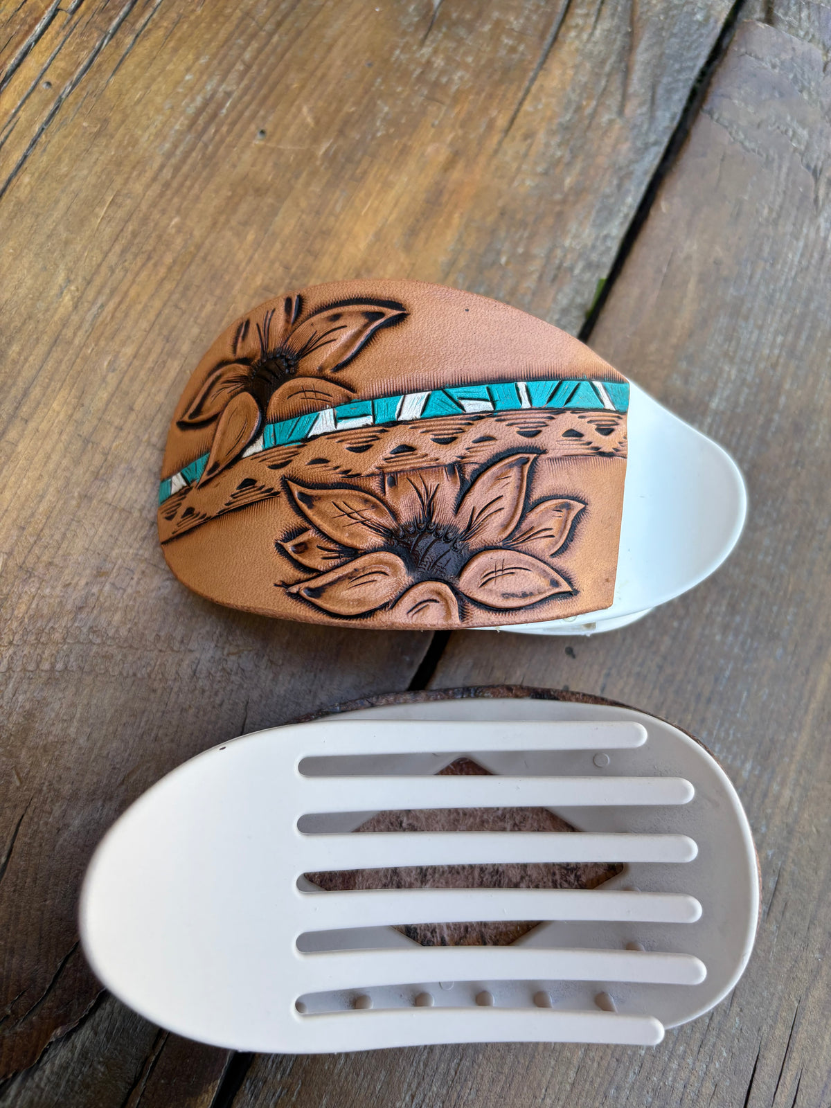 Oval claw clip sunflowers turquoise strip