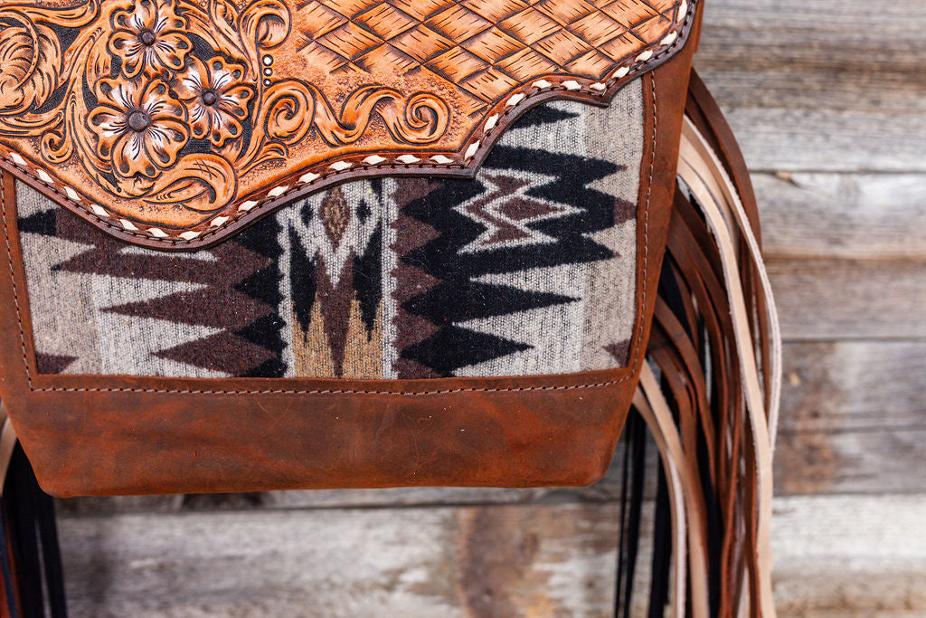 Purse with brown/black inlay, multicolored fringe & floral leather patch