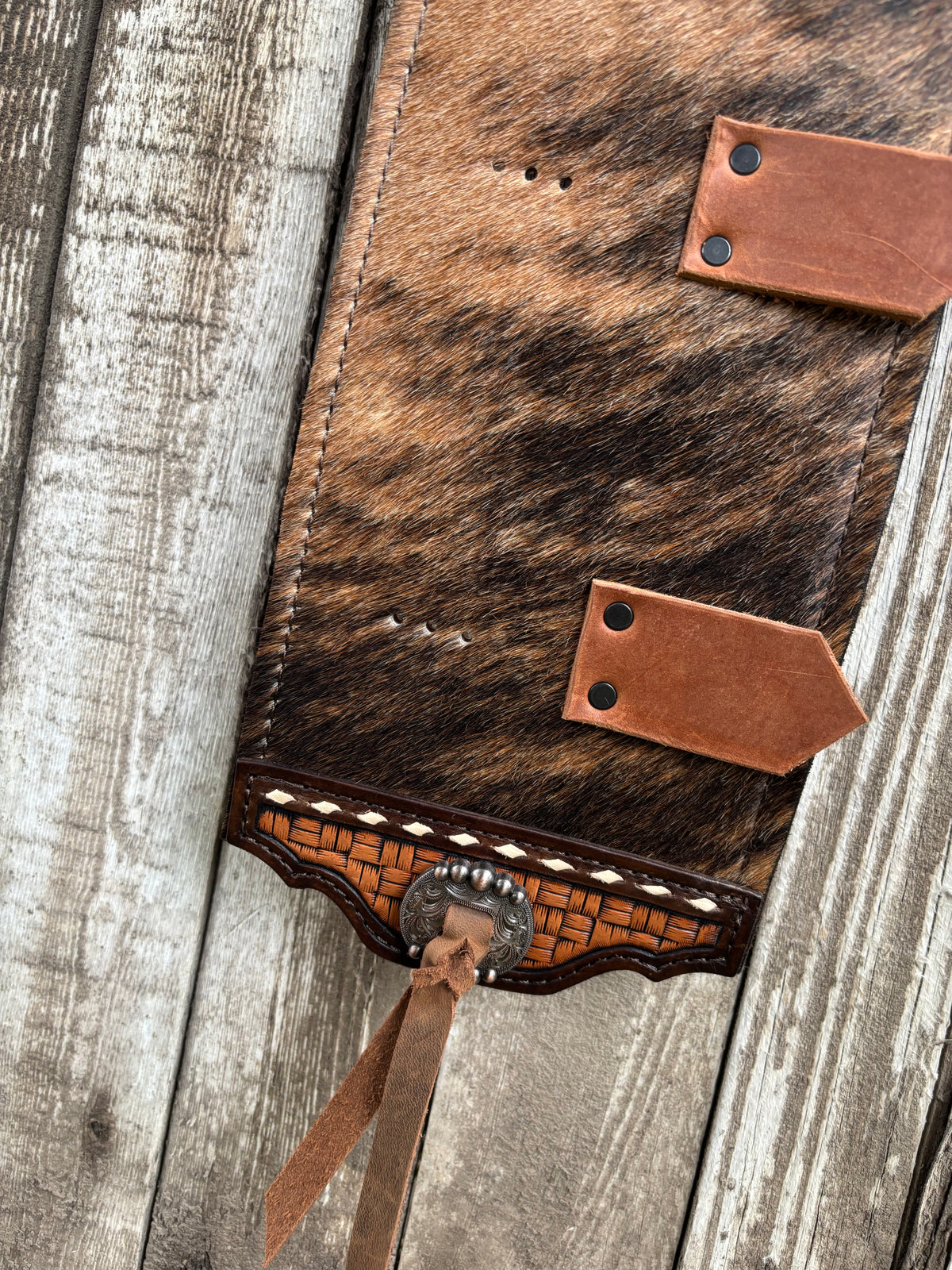 Buckle holder 10 spot brindle hair on hide