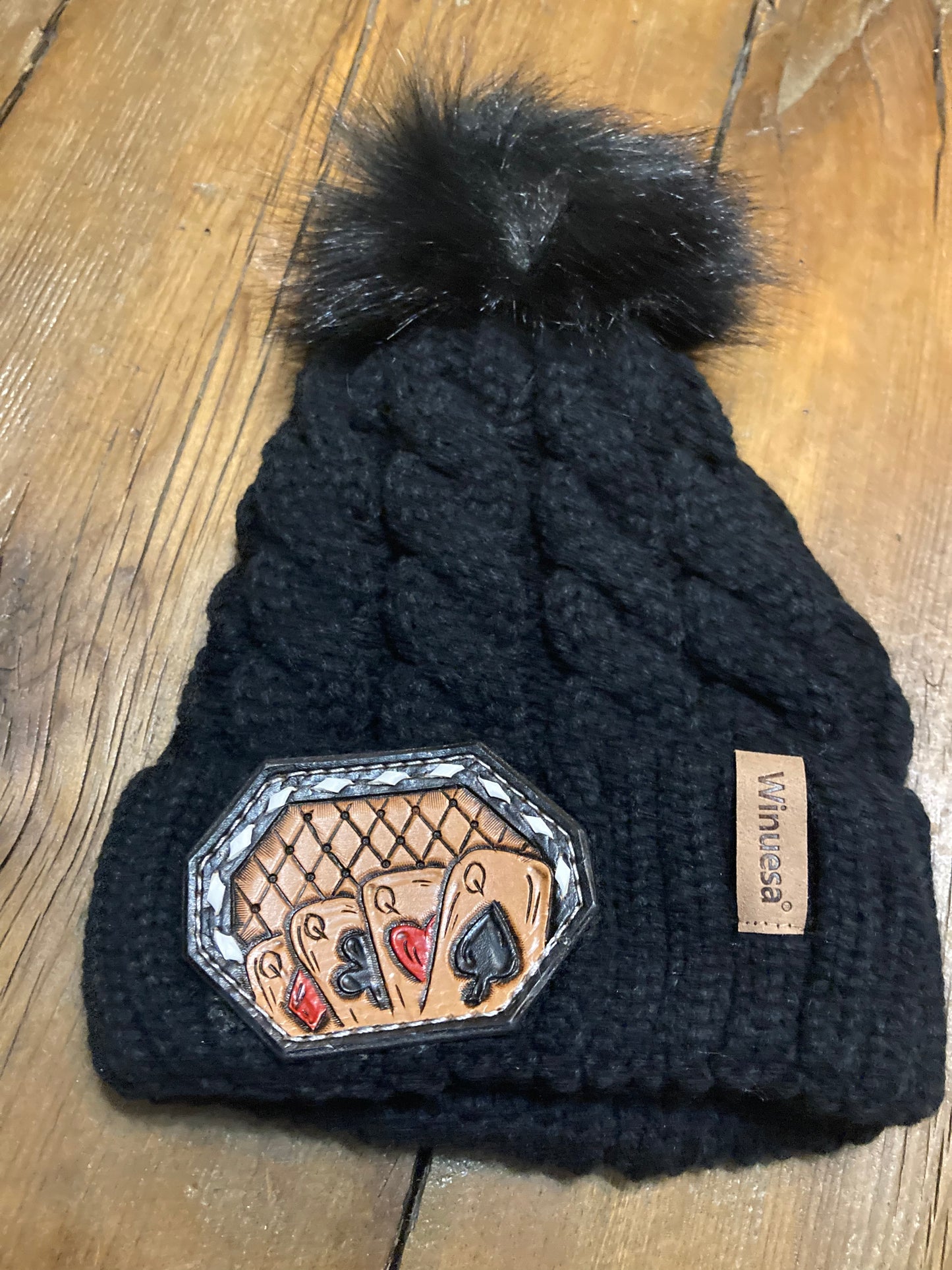 Beanie black with leather patch cards