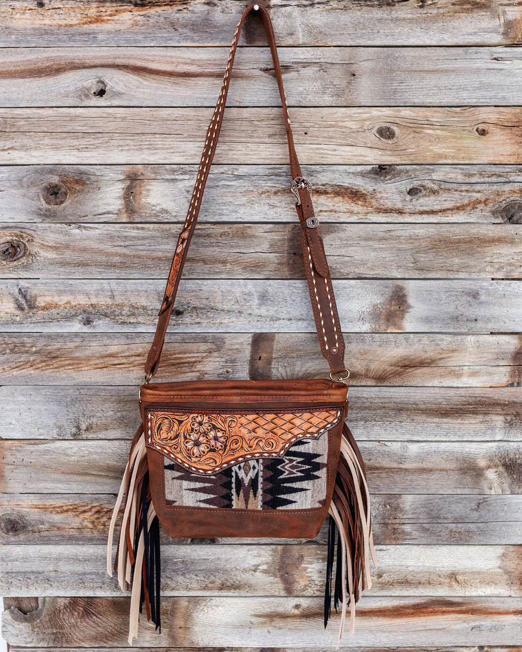 Purse with brown/black inlay, multicolored fringe & floral leather patch