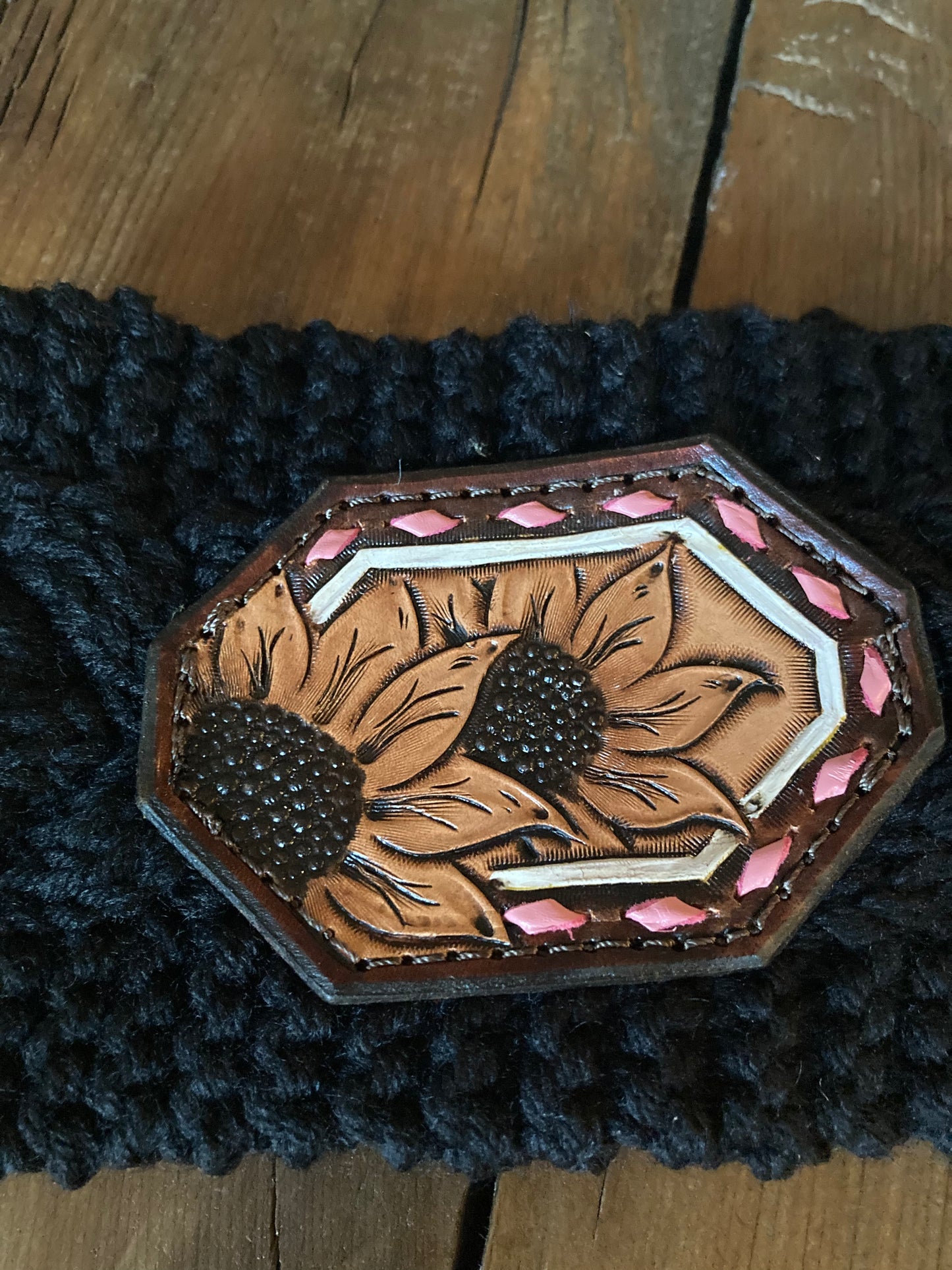 Ear Warmer black with sunflowers and pink buck stitch