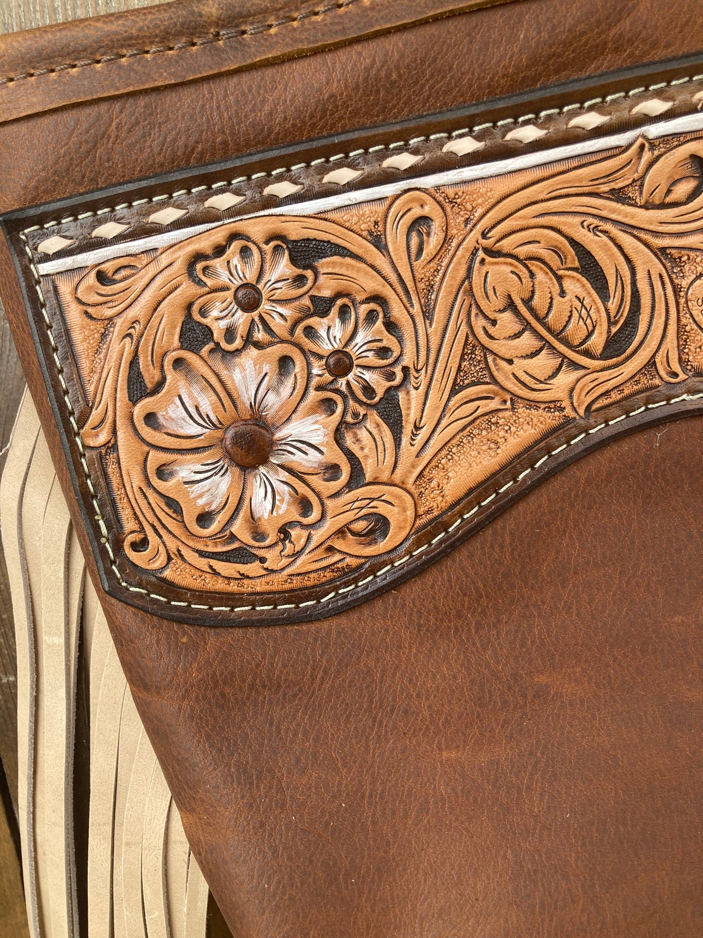 Purse brown with cream & brown fringe and floral tooled patch