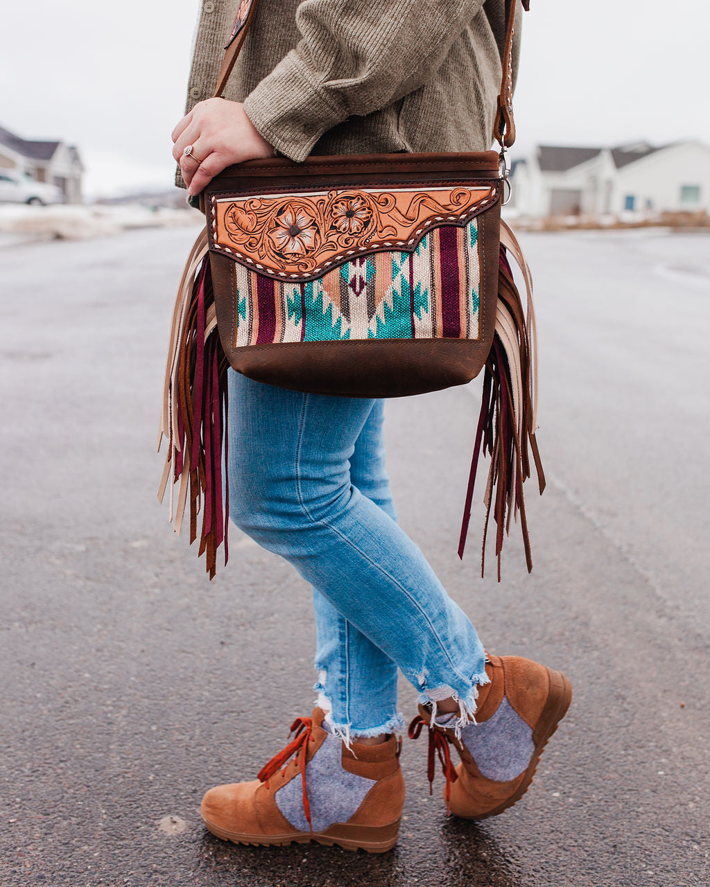 Purse with turquoise/maroon inlay, multicolored fringe & floral leather patch