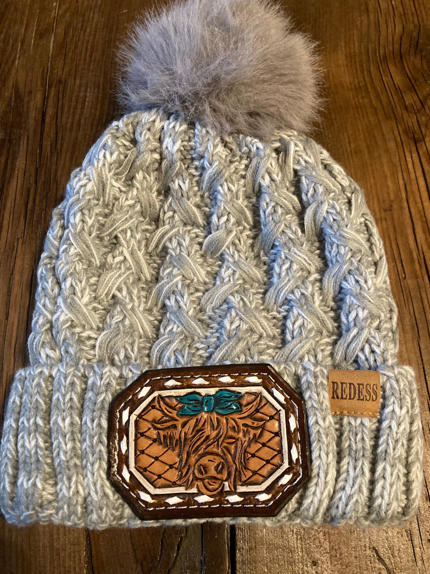 Beanie gray with cow leather patch and white buck stitch