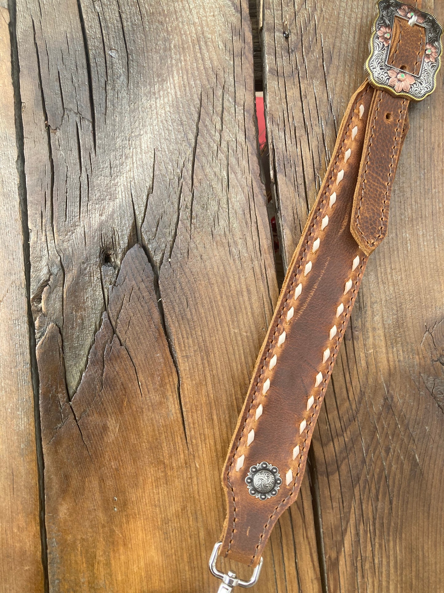 Purse brown with cream & brown fringe and floral tooled patch