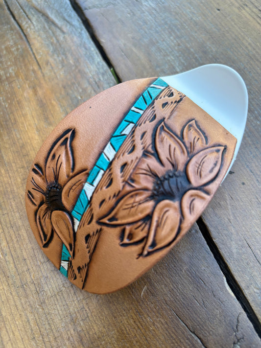 Oval claw clip sunflowers turquoise strip