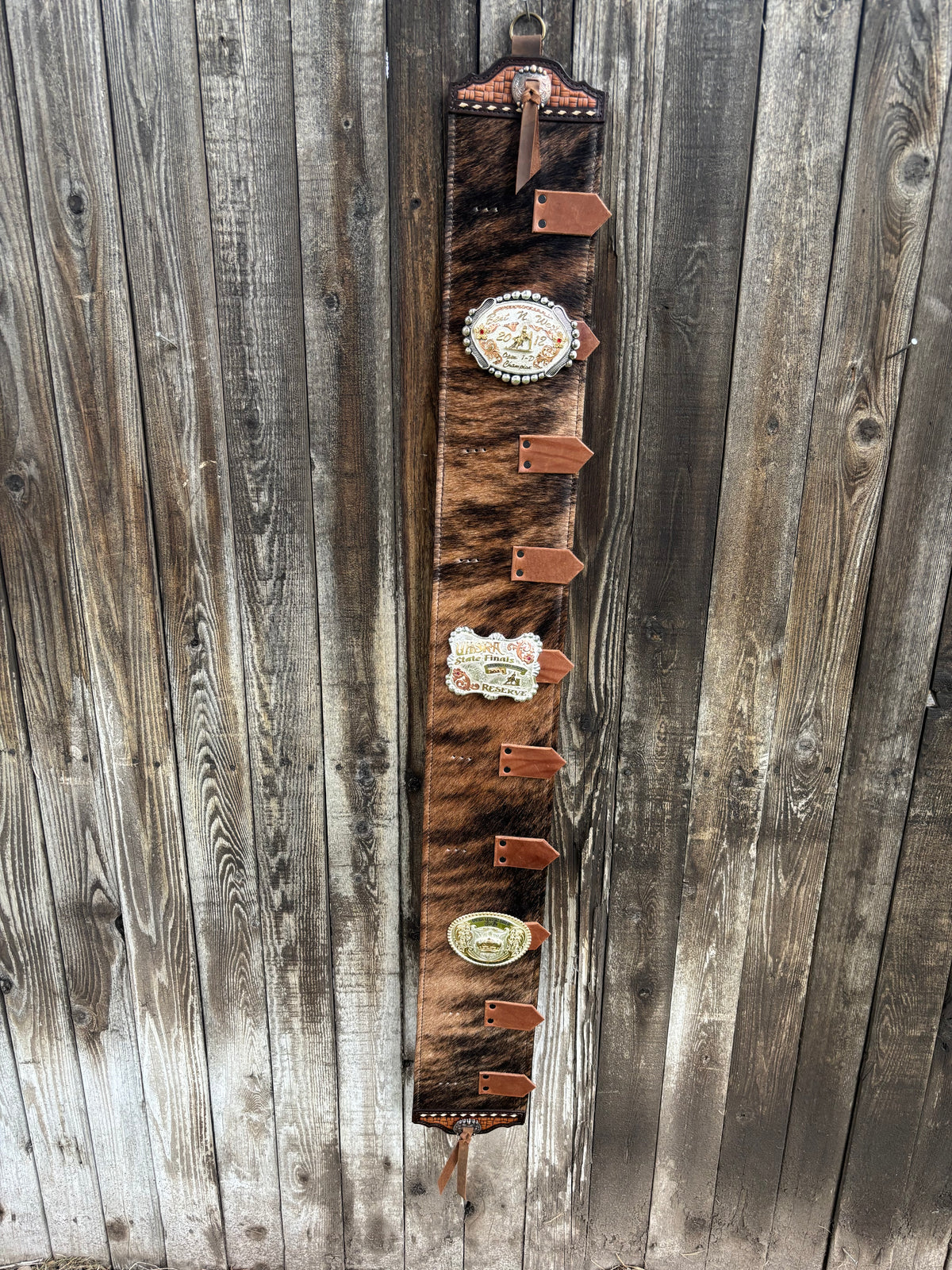 Buckle holder 10 spot brindle hair on hide