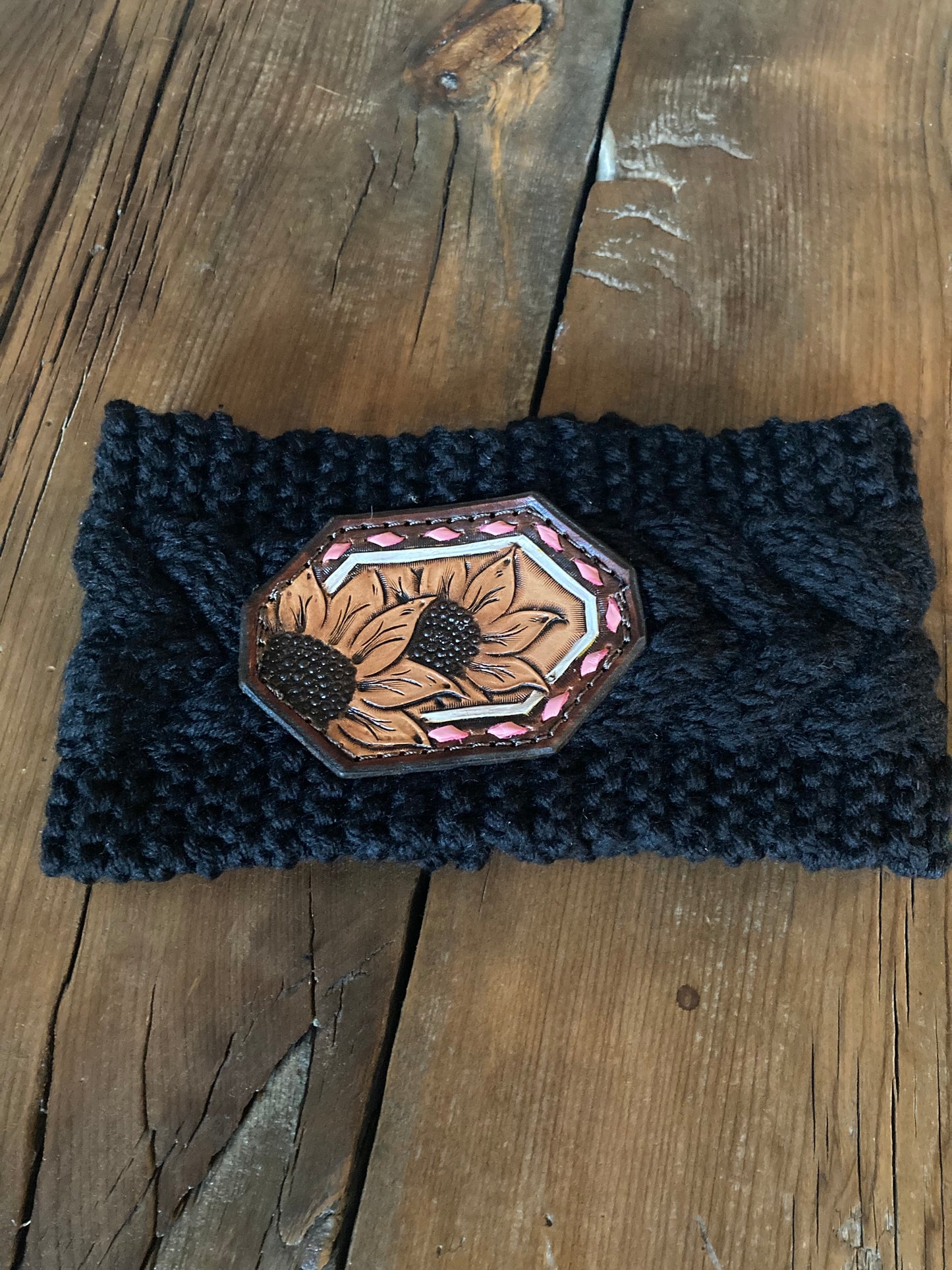 Ear Warmer black with sunflowers and pink buck stitch