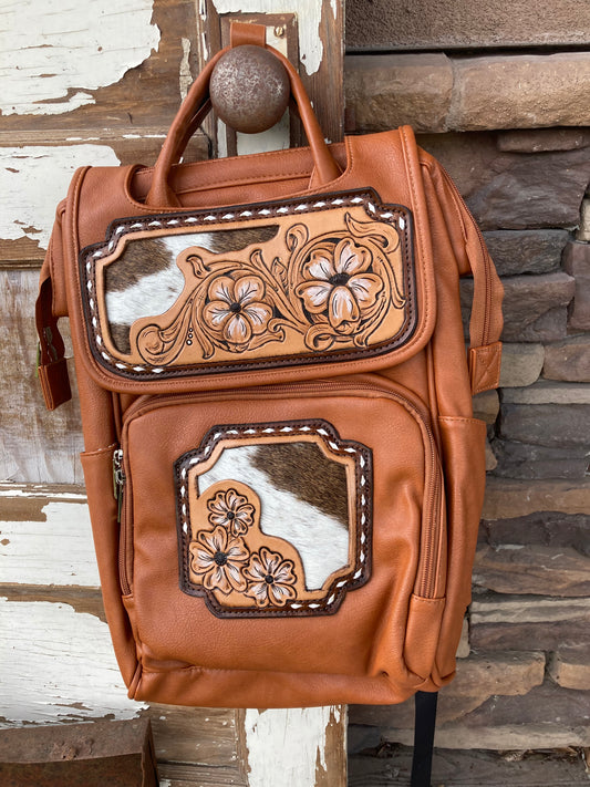 Diaper bag with floral tooling & cowhide patch