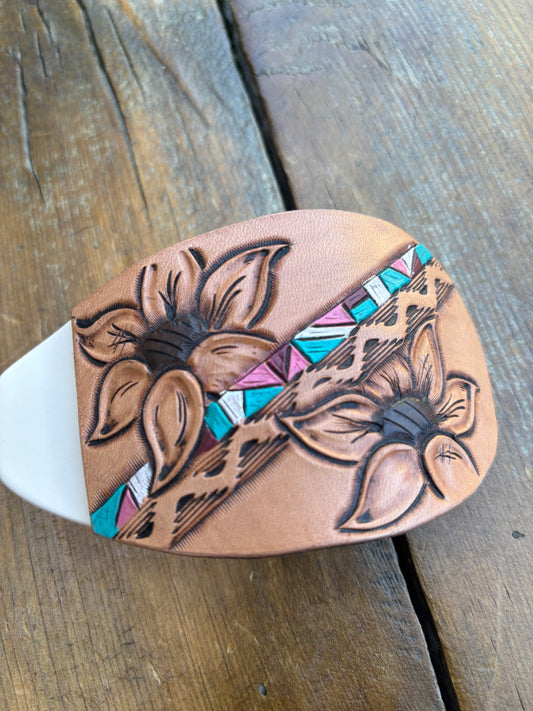 Oval claw clip pink & turquoise strip