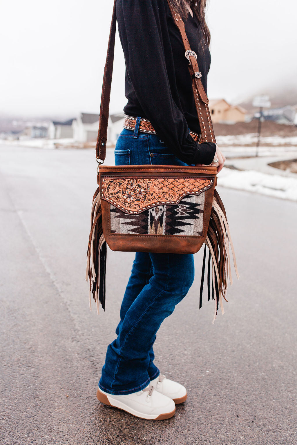 Purse with brown/black inlay, multicolored fringe & floral leather patch