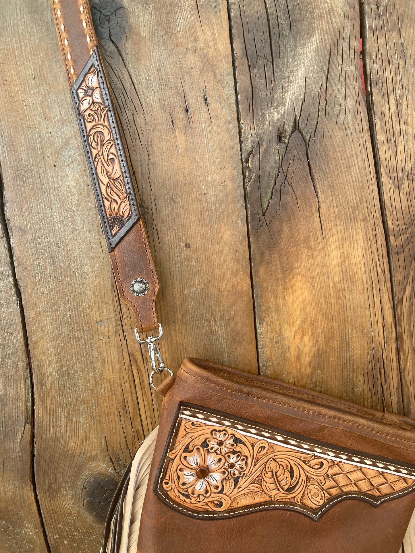 Purse brown with cream & brown fringe and floral tooled patch