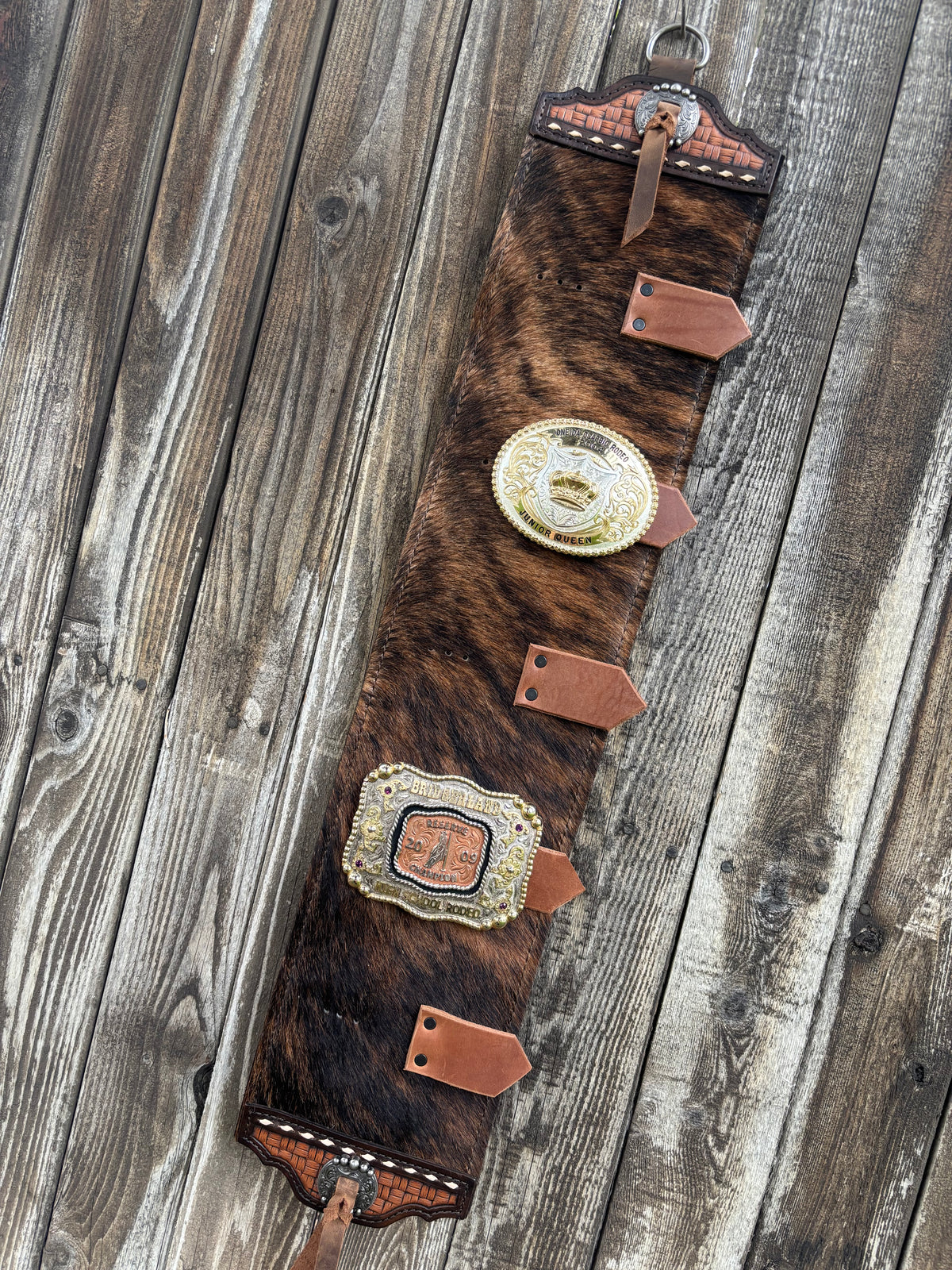 Buckle holder 5 spot brindle hair on hide
