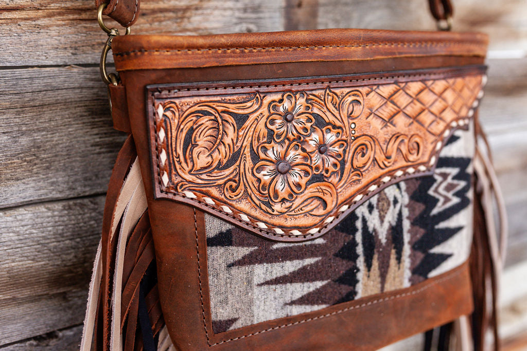 Purse with brown/black inlay, multicolored fringe & floral leather patch