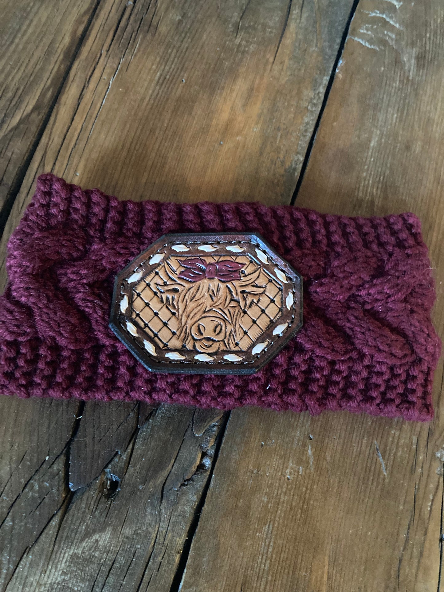 Ear Warmer burgundy with cow and cream buck stitch