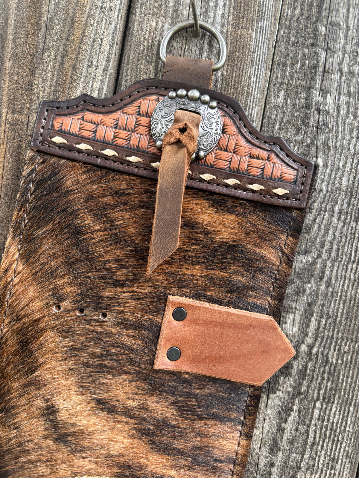 Buckle holder 5 spot brindle hair on hide