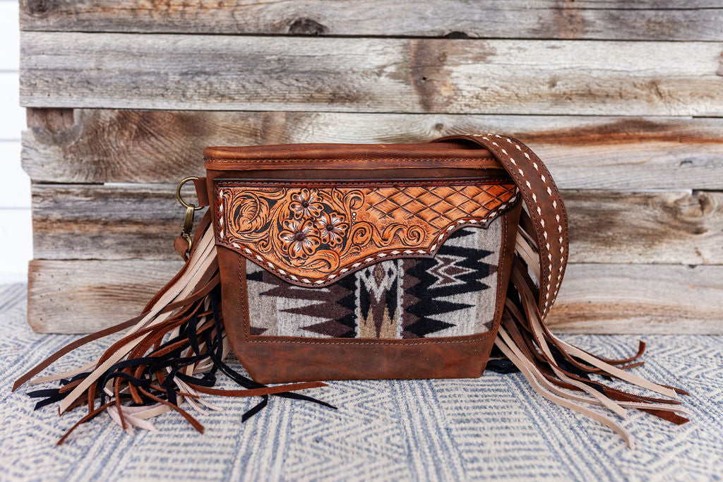 Purse with brown/black inlay, multicolored fringe & floral leather patch