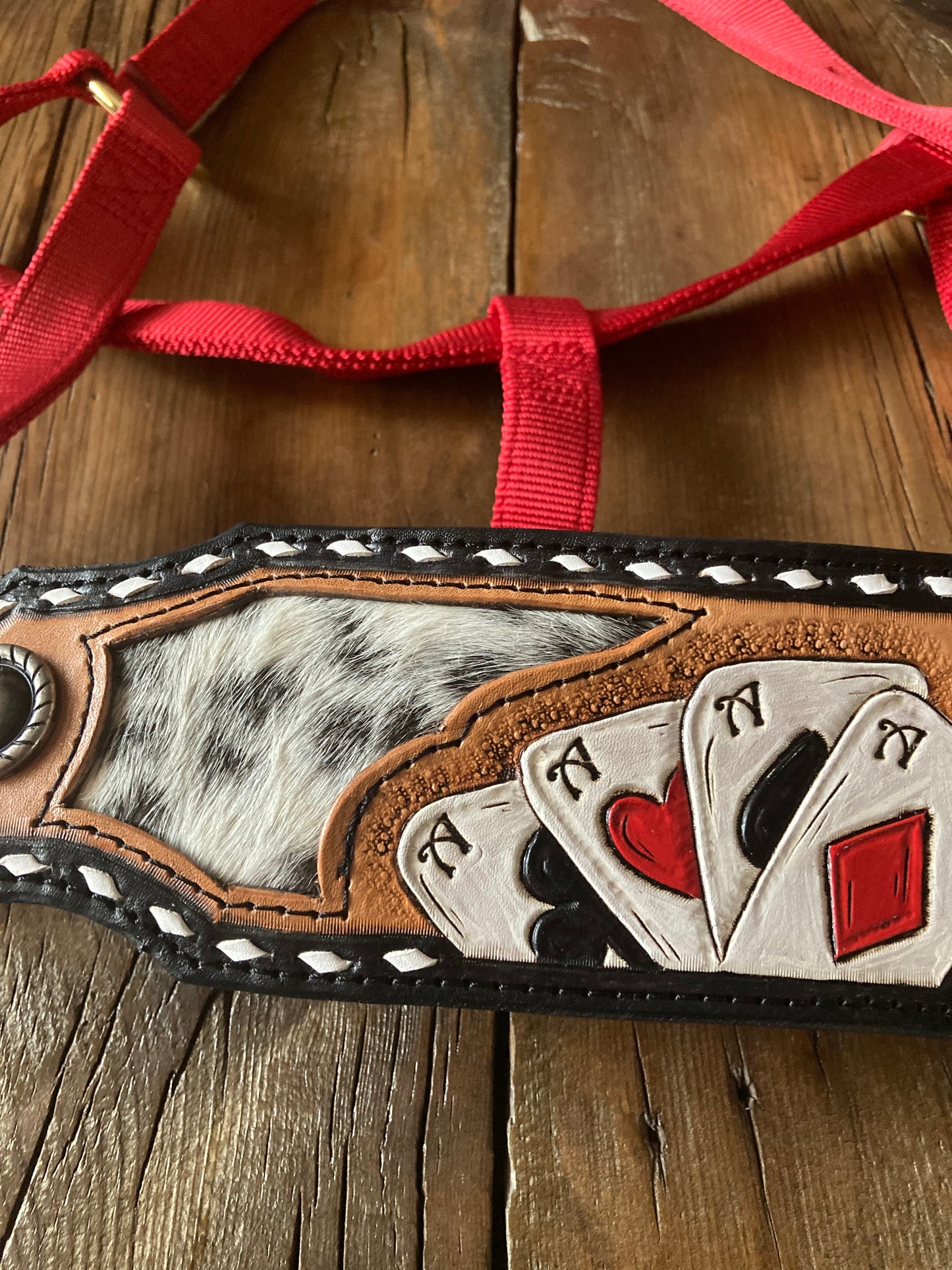 Red Bronc Halter with cow hide and aces