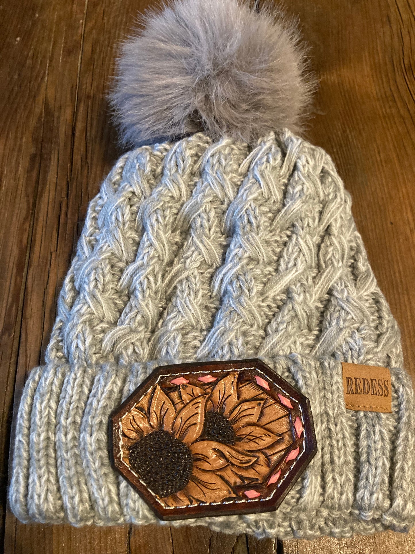 Beanie gray variegated with sunflowers and pink buck stitch