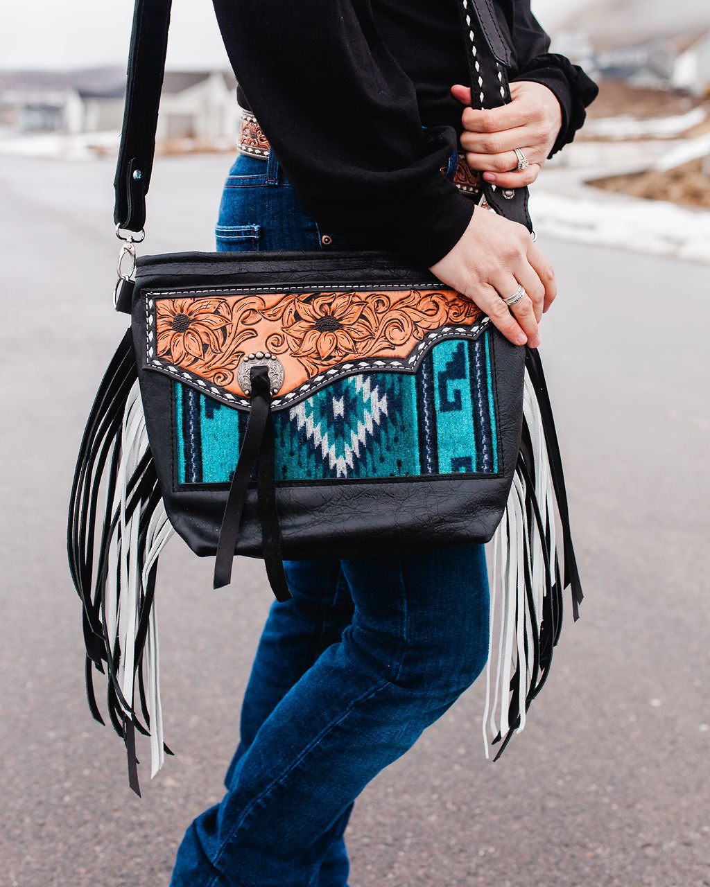 Purse with turquoise/black inlay, black & white fringe & floral leather patch