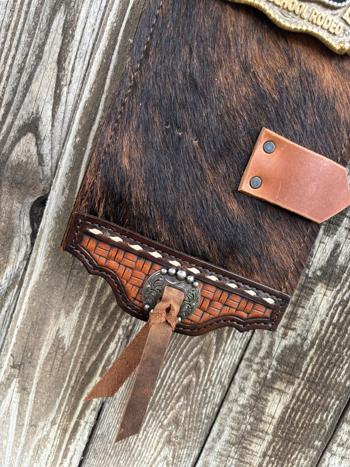 Buckle holder 5 spot brindle hair on hide