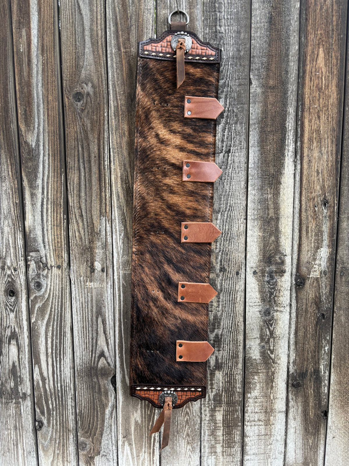 Buckle holder 5 spot brindle hair on hide