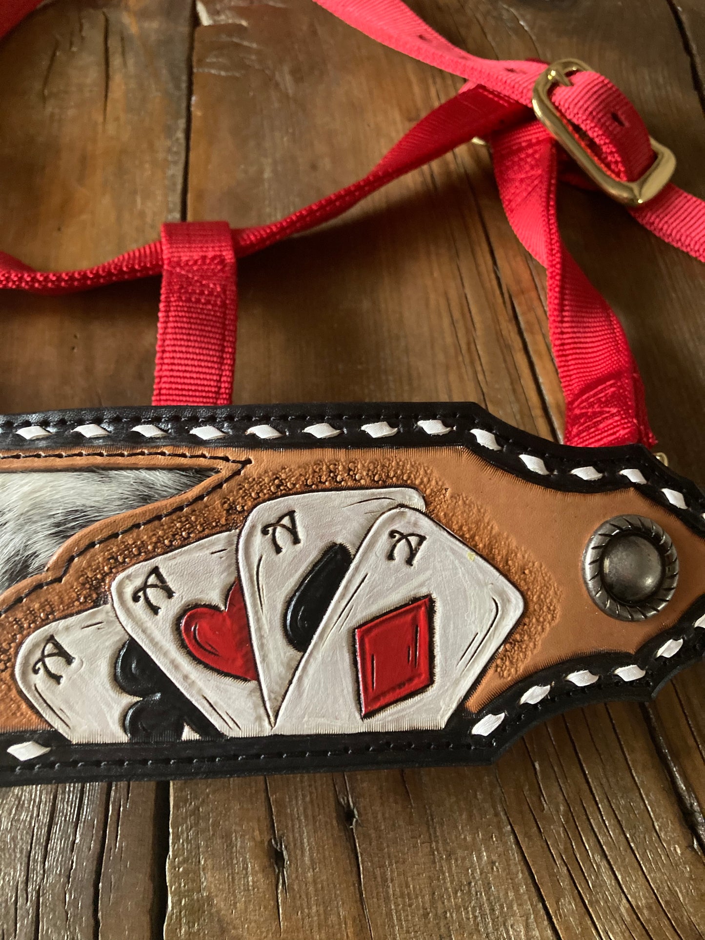 Red Bronc Halter with cow hide and aces