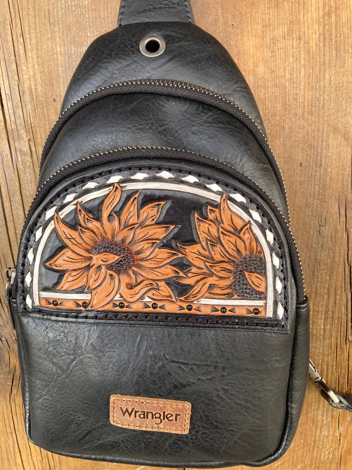 Sling crossbody bag - black sunflowers