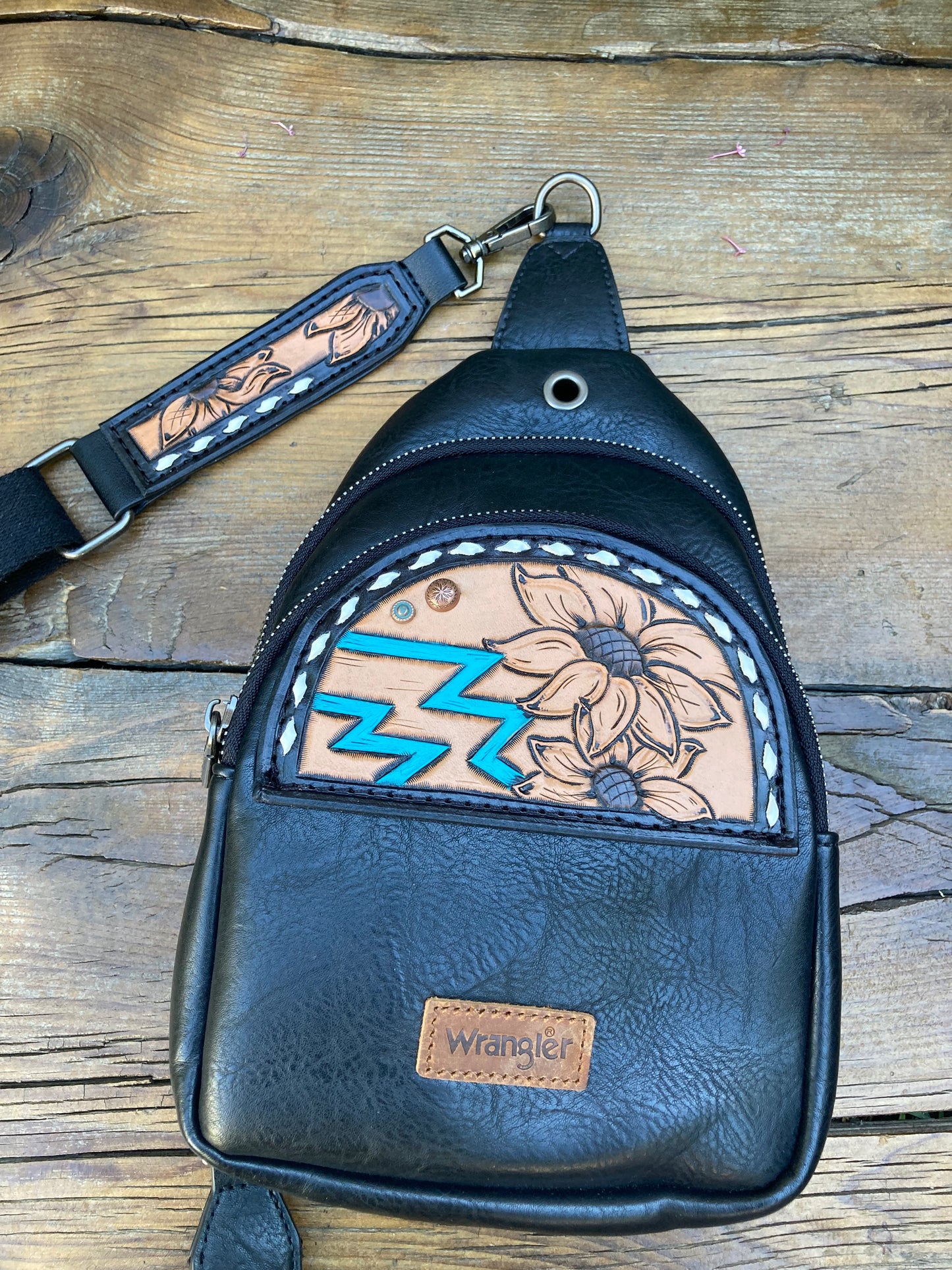 Sling crossbody bag - black Aztec and sunflowers