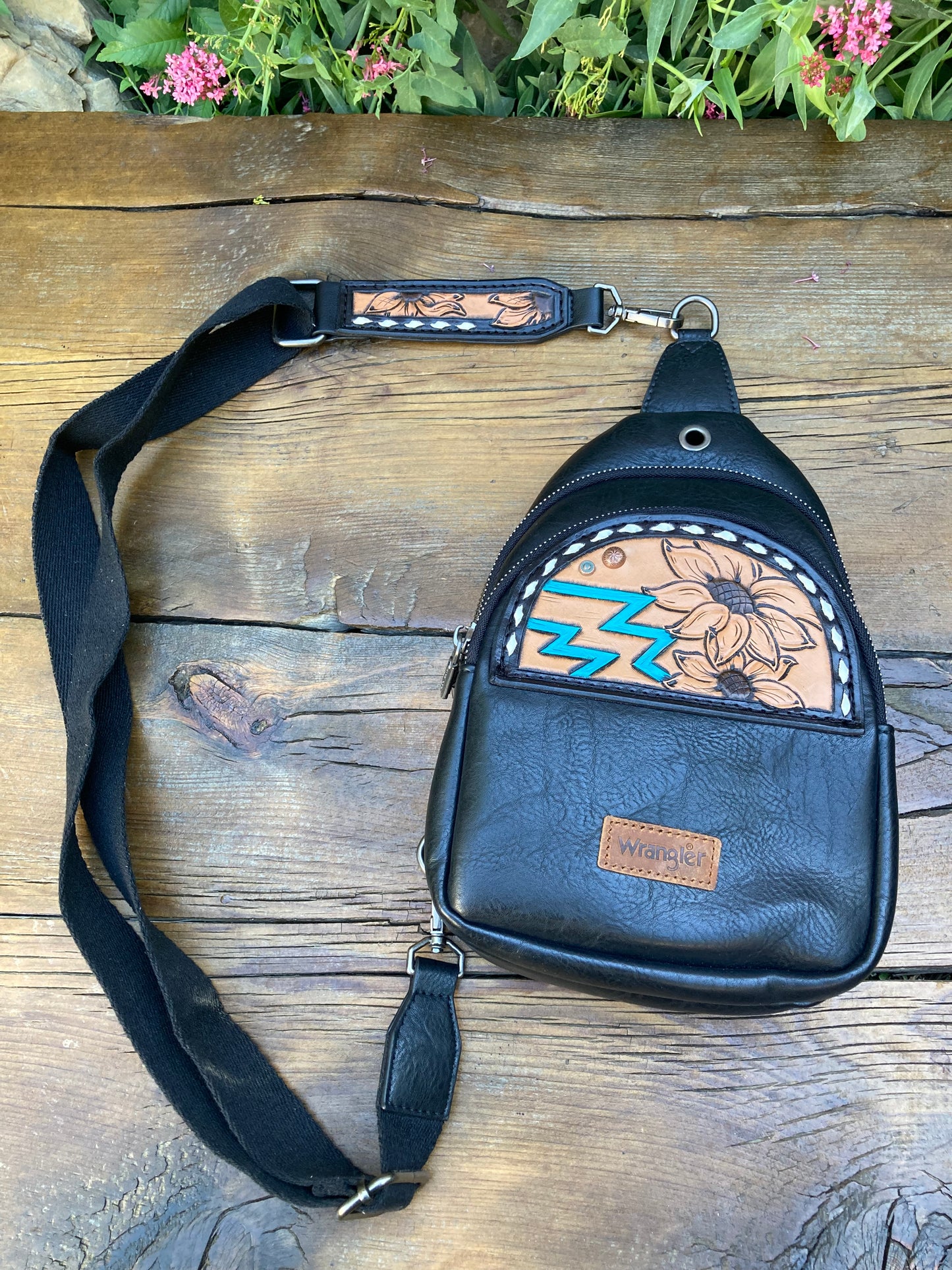 Sling crossbody bag - black Aztec and sunflowers