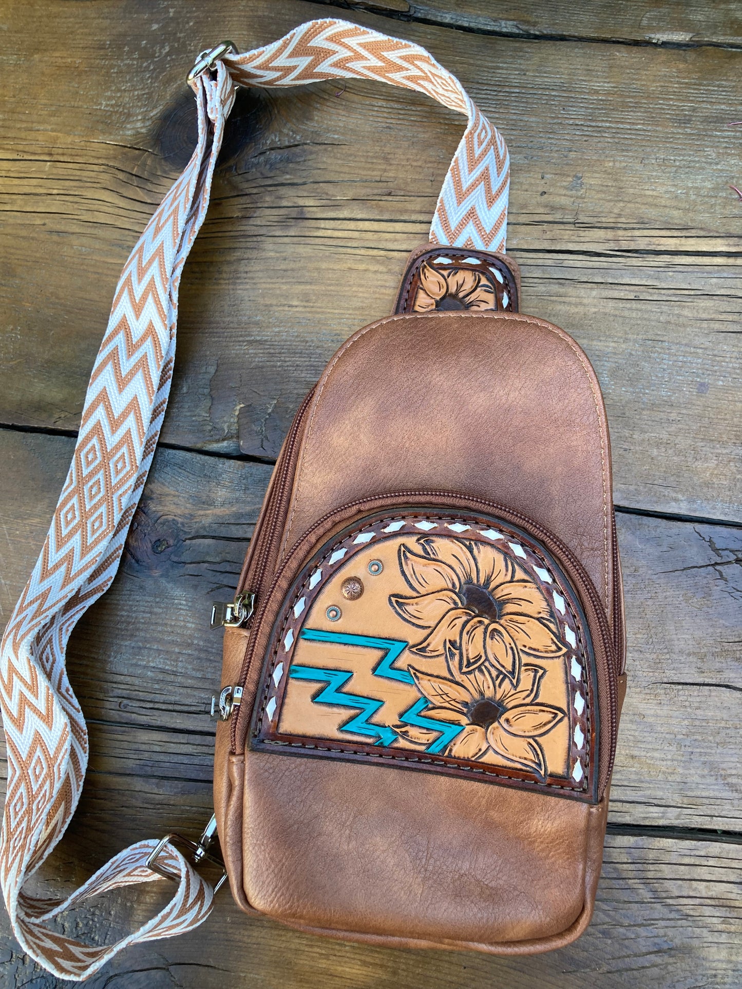 Sling crossbody bag - brown turquoise aztec